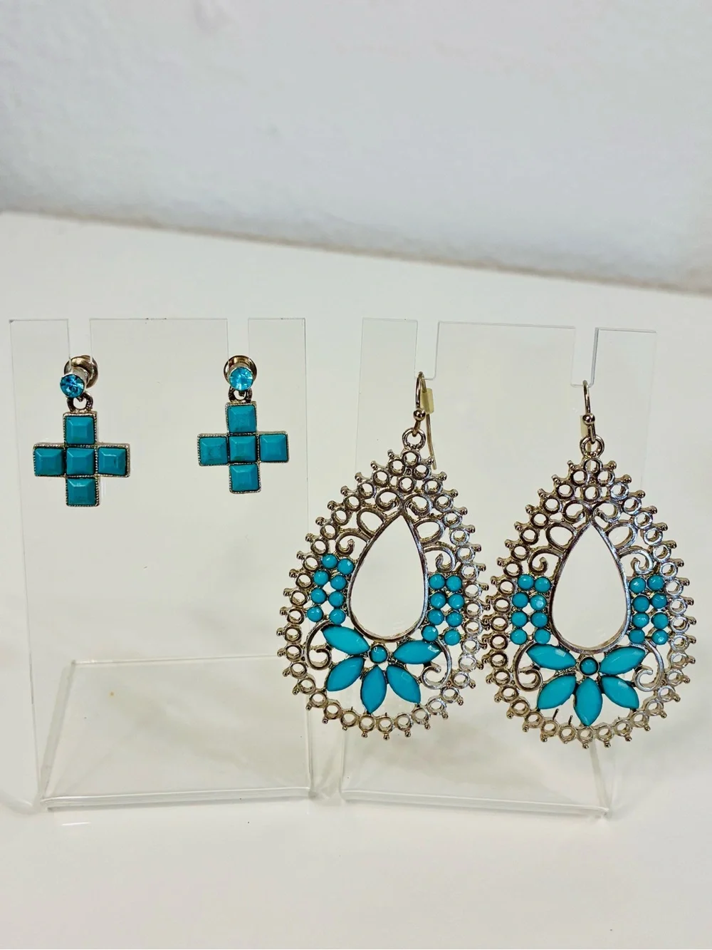 Turquoise Blue Statement Dangling and Dainty Cross Earrings Set Lot of 2 Casual